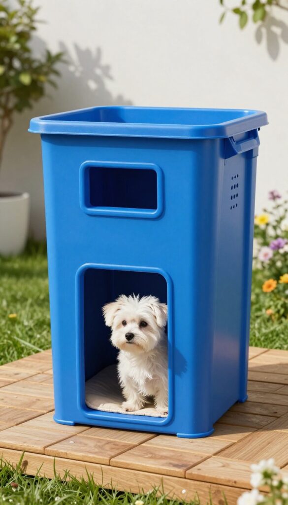 DIY dog house made from a plastic storage bin on a deck, with a small dog sitting at the entrance