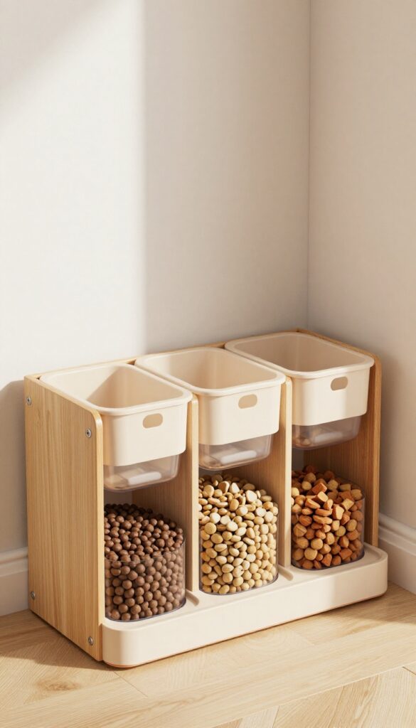 A photorealistic image of a DIY multi-bin dog food dispenser designed for multiple dogs, featuring separate compartments in durable materials like plastic or wood. It is placed in a clean home setting with bright natural light to illustrate organized feeding and stress-free meal management.