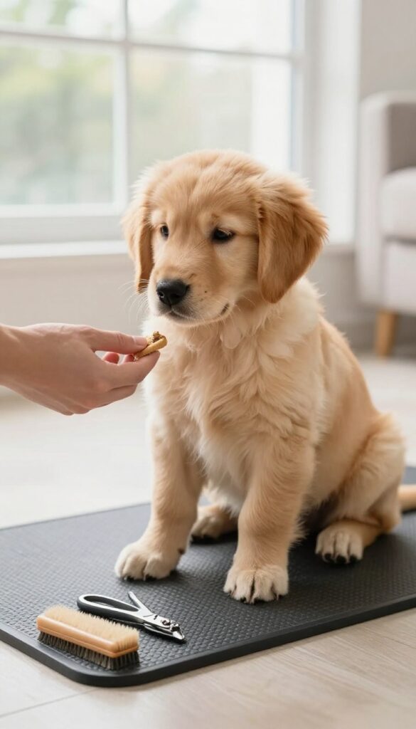 A calm dog receiving a treat during a gentle home grooming session in a bright, tidy room.