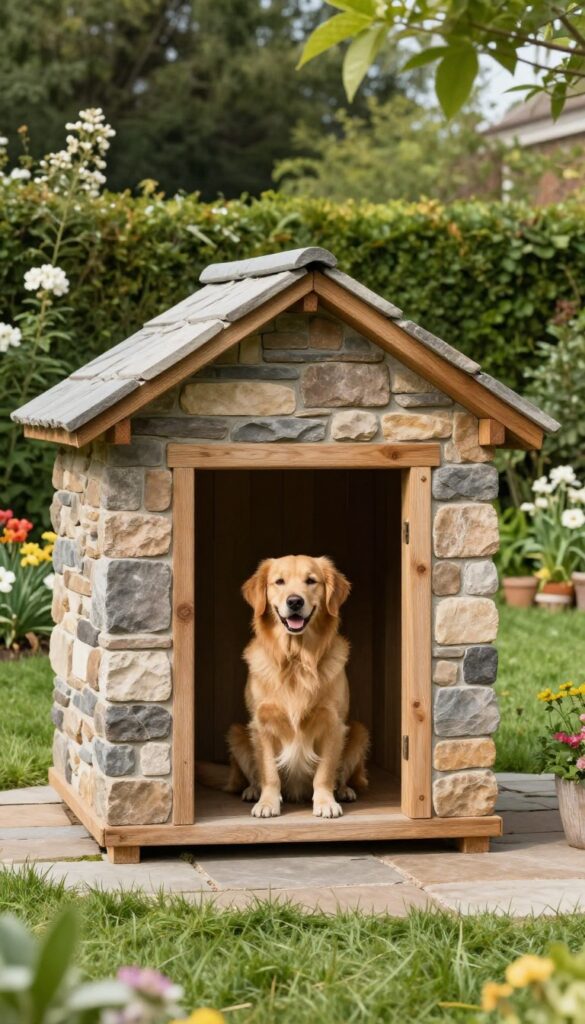 Stone-faced dog house blending with backyard landscaping, photorealistic
