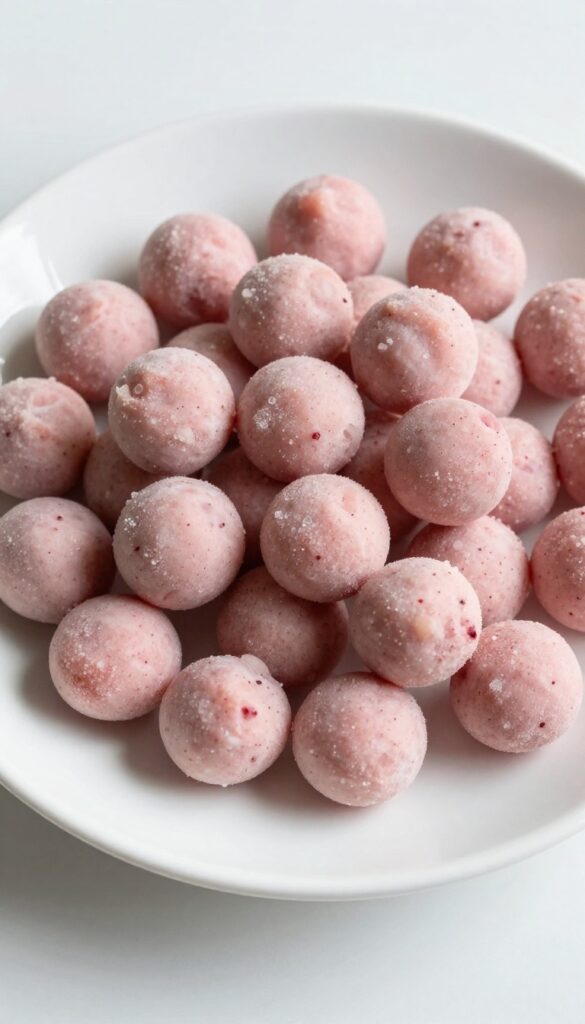 Homemade frozen yogurt berry drops for dogs, served on a plain plate in natural light, showing creamy texture with berry pieces for a refreshing treat.