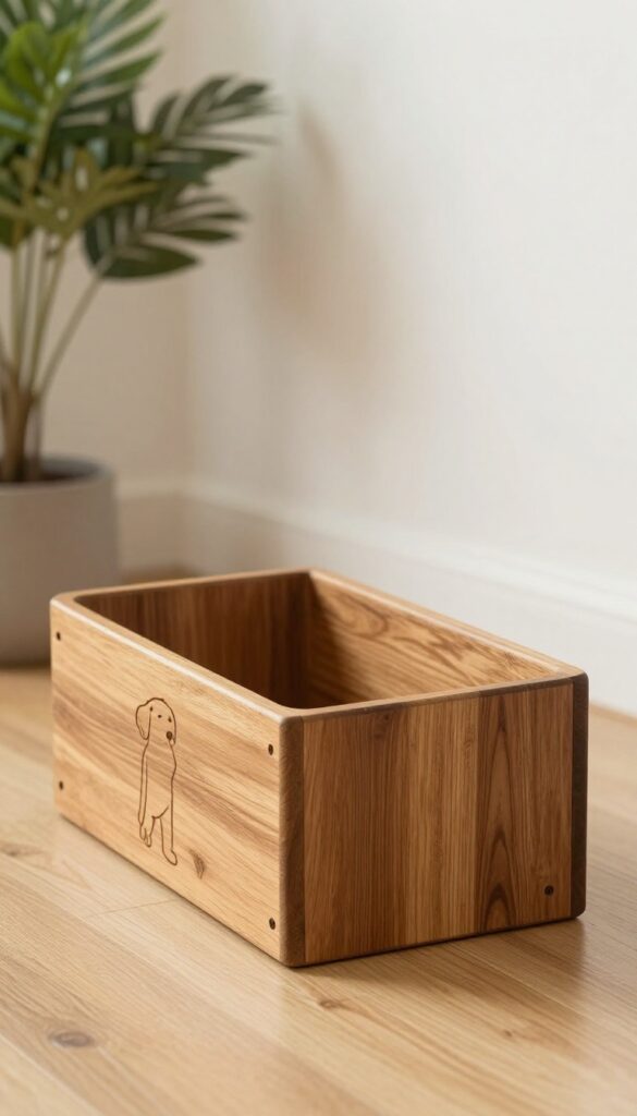 A customizable mid-century modern dog feeder made from reclaimed wood with interchangeable panels for personalization, shown in a bright, clean setting suitable for stylish and functional pet feeding stations.