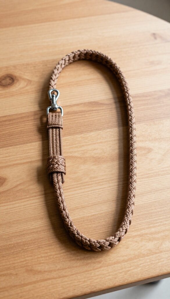 A close-up of a handmade paracord dog leash, demonstrating strength and durability for DIY dog accessories, set in a bright, natural-lit home environment.
