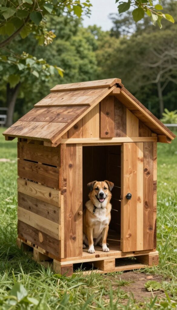 DIY pallet dog house with weatherproof sealant in backyard