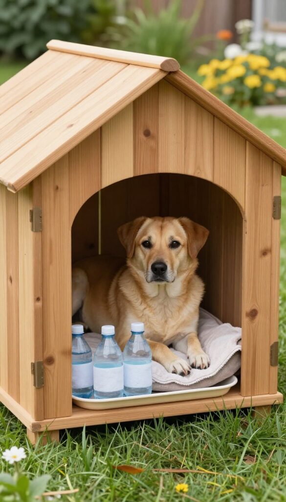 Insulated dog house with frozen water bottles for cooling