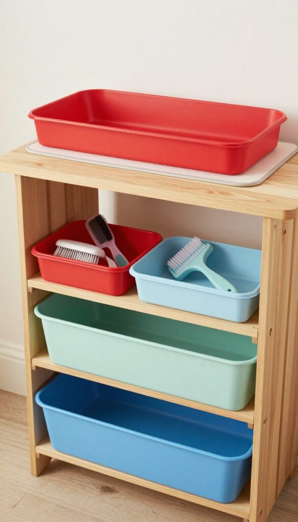 A bright, organized home dog grooming area with color-coded bins for different breed-specific tools on a wooden surface, showcasing a personalized and efficient setup in natural light.