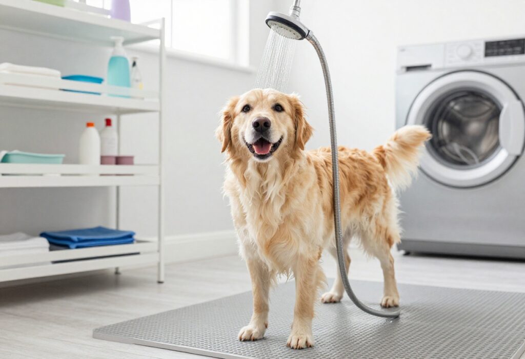 Dog being bathed in a laundry room with a handheld showerhead, showing organized storage and safety mats.