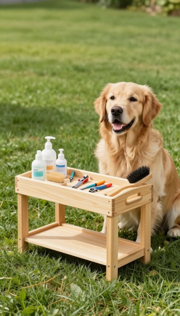 Dog house with pull-out grooming tray containing brushes and supplies, golden retriever nearby