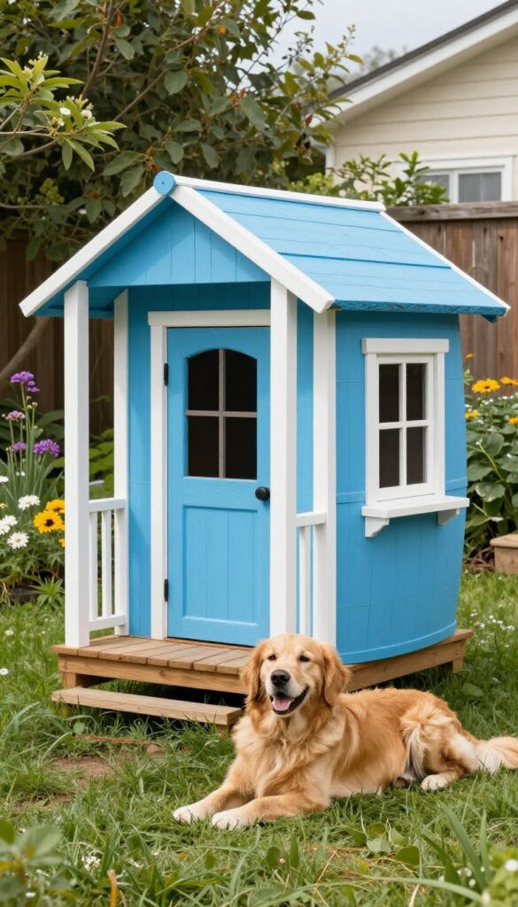Painted barrel dog house in blue with white trim in a sunny backyard, golden retriever beside it