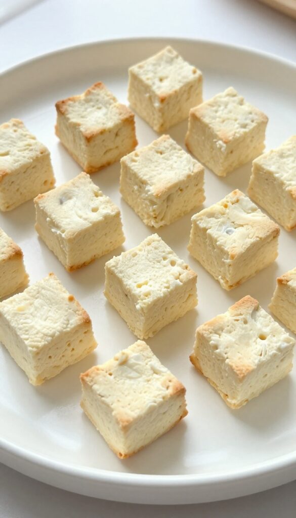 Close-up of homemade cottage cheese and egg protein cubes for dogs, soft and fluffy, arranged on a plain white plate in natural light.