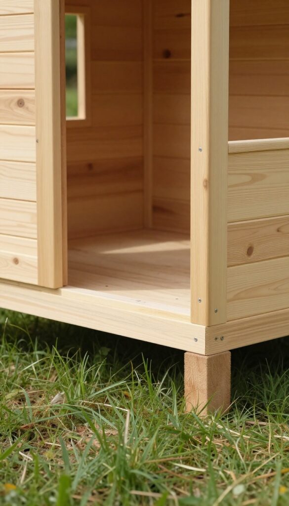 Raised wooden dog house floor foundation on pressure-treated feet in grassy outdoor setting