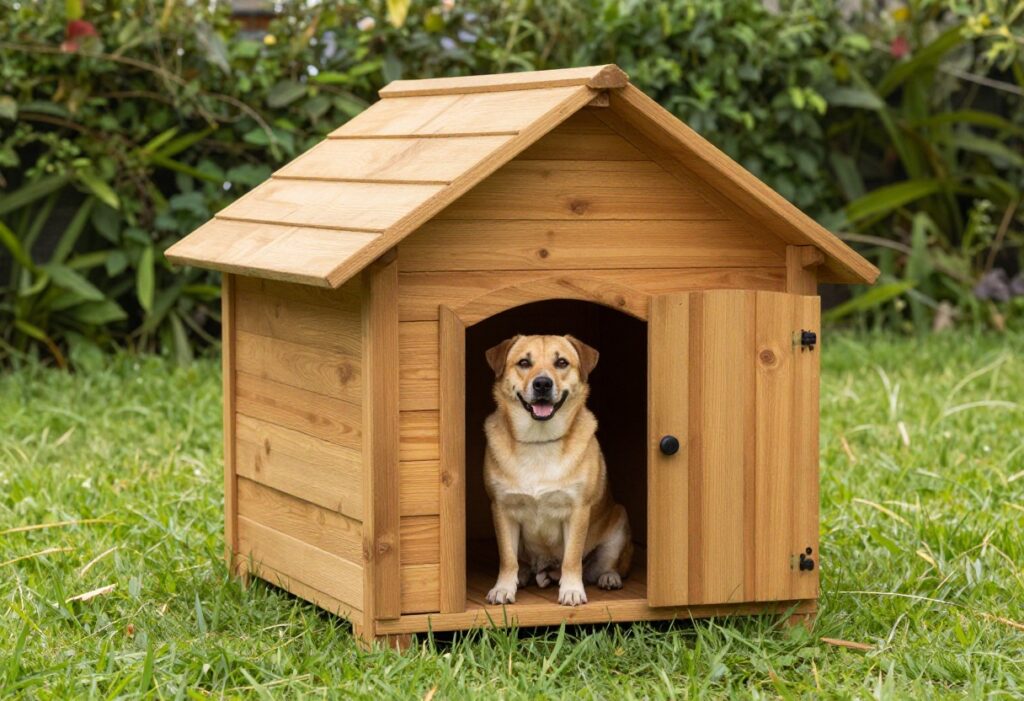 A wooden dog house in a sunny backyard with a happy dog sitting in front of it.