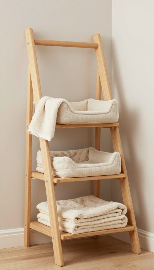 A ladder shelf repurposed for storing dog bedding and blankets in a bright, tidy room.