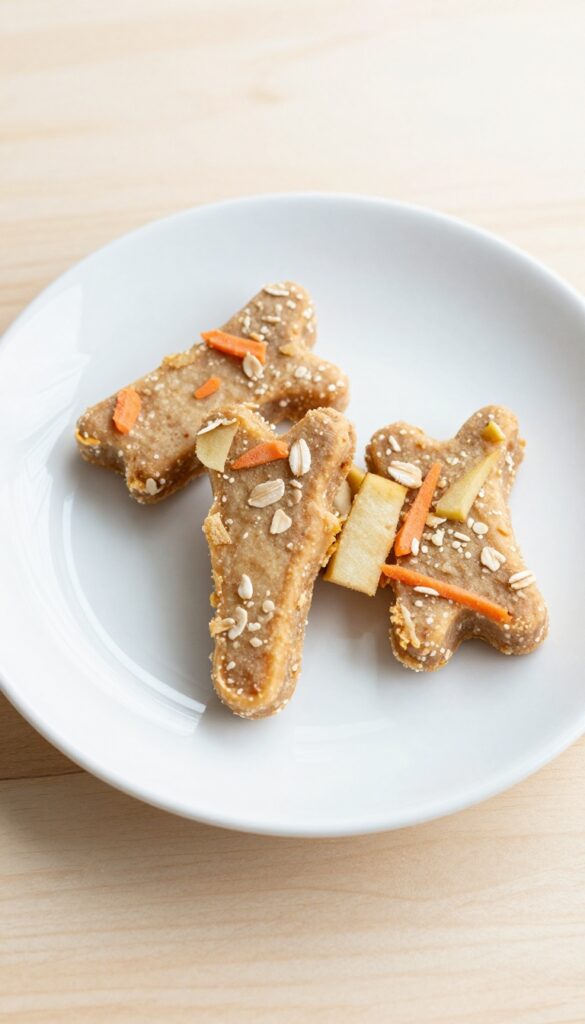 Homemade apple carrot soft chews for dogs, soft and chewy treats with grated apple and carrot visible, on a plain plate in natural light.