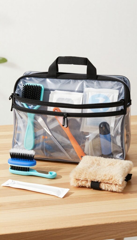 A portable dog grooming kit with vibrant tools for on-the-go touch-ups, designed for convenience and style during trips or park visits.