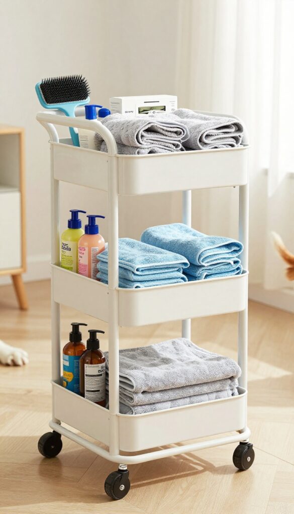 A mobile grooming cart with organized supplies in a bright, clean room, ideal for portable dog grooming kits.