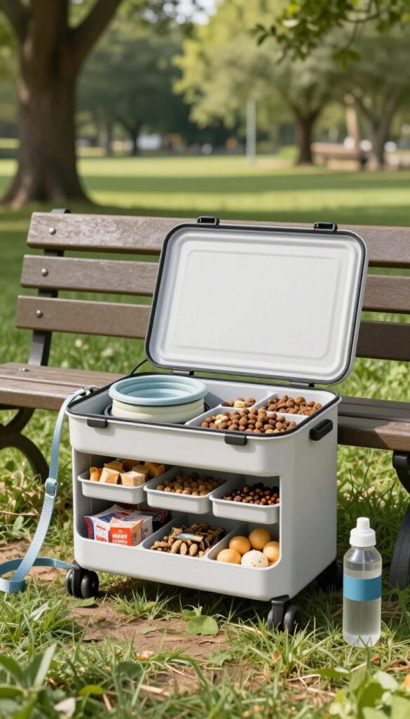 A portable dog food storage caddy with compartments for food, bowl, and treats on a park bench in natural light.