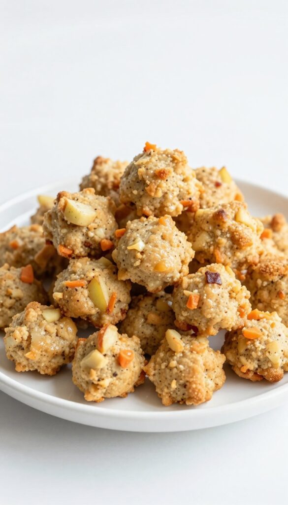 A close-up of homemade apple carrot crunch bites for dogs, showing golden-brown biscuits with visible apple and carrot pieces on a plain white plate, in bright natural light.