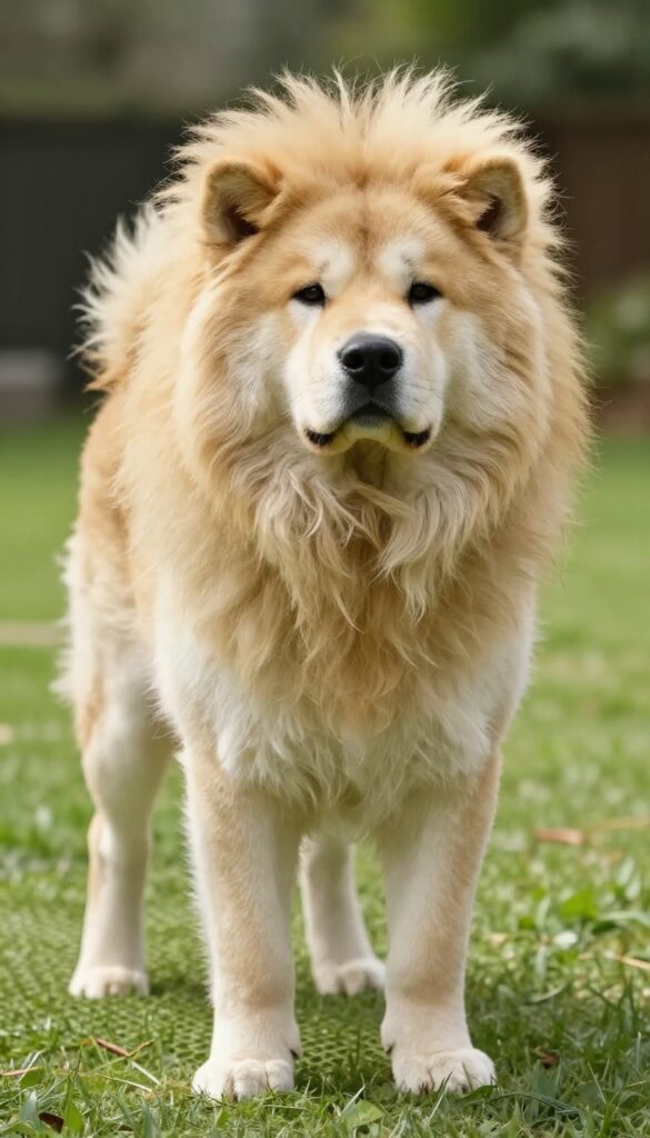 Akita-Inu dog with lion mane grooming style in natural light, showcasing bold and protective styling for a dog blog article.