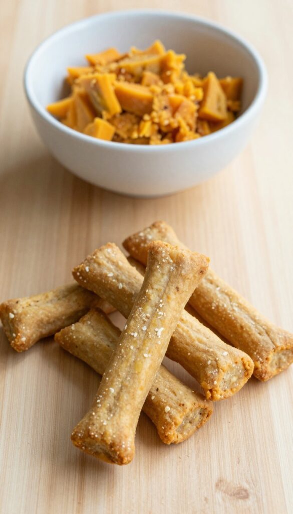 Homemade sweet potato and banana chewy dog treats for puppies, arranged on a wooden surface with a bowl of ingredients, in bright natural light.