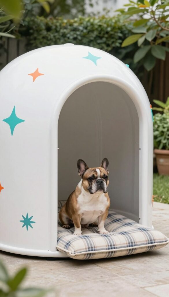 Atomic Age Dome Dog House with French Bulldog on covered patio