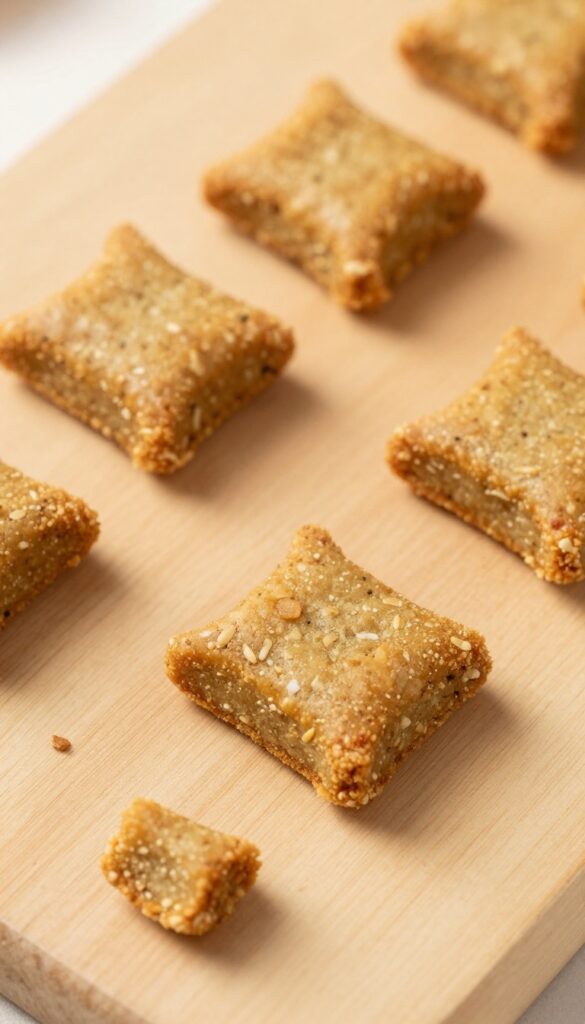 Close-up of homemade crunchy sardine training squares for dogs, arranged on a plain wooden cutting board in bright natural light.