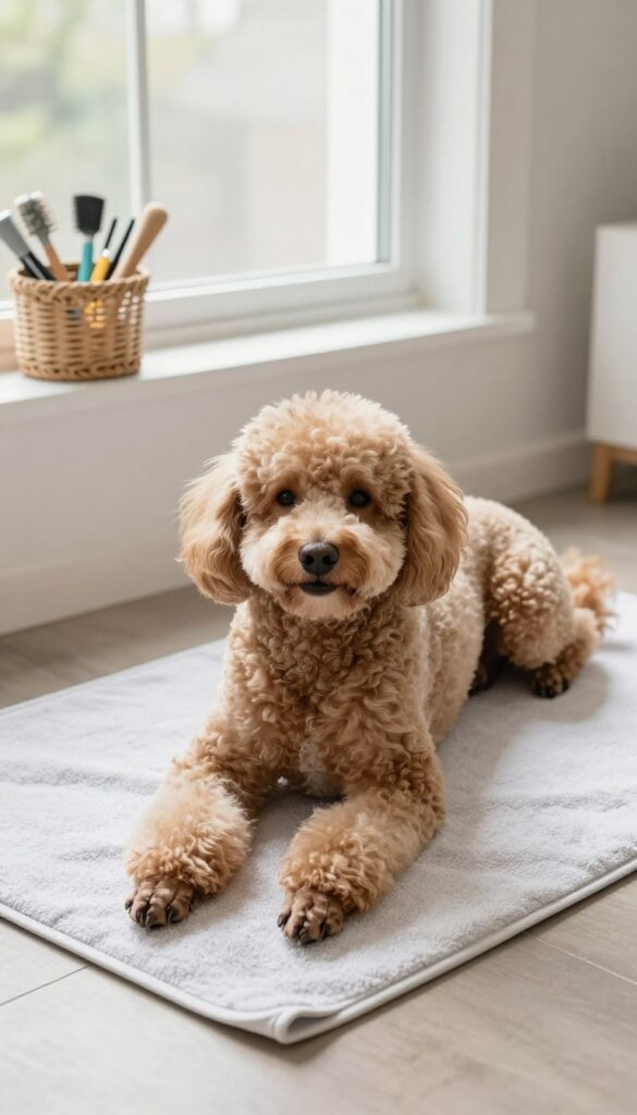 A poodle resting comfortably on a towel and non-slip mat in a quiet home grooming corner with natural light and grooming tools nearby.