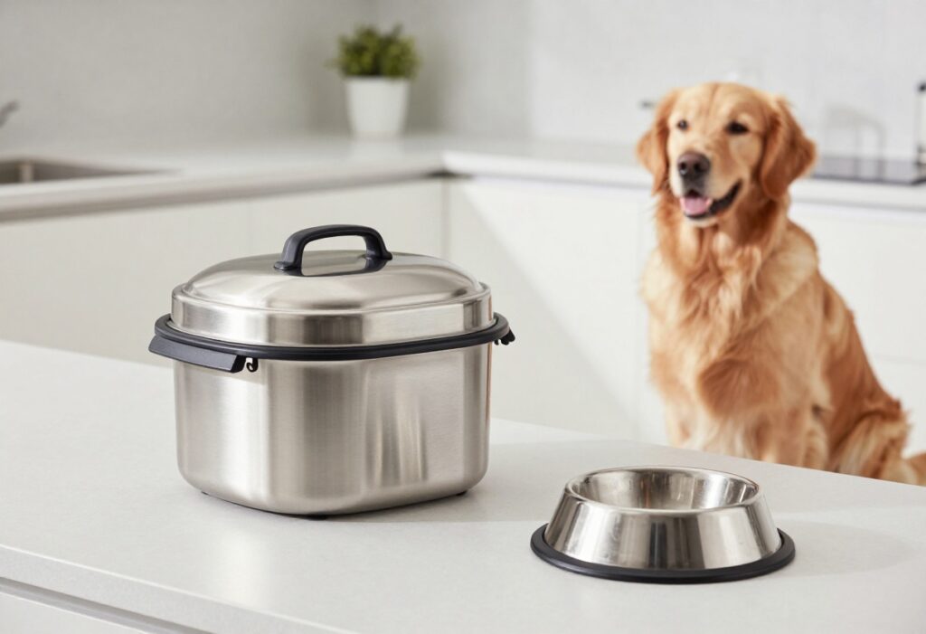 Modern stainless steel airtight dog food container in a tidy kitchen with a golden retriever.
