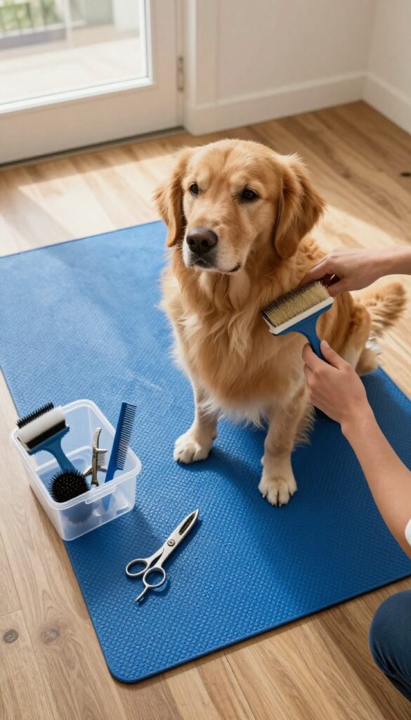 Grooming station with washable mat, grooming tools in caddy, and golden retriever being brushed.
