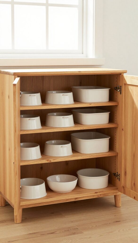 A repurposed wooden cabinet used as a hidden dog food storage station, with shelves for bins and bowls, in a bright, clean home setting.