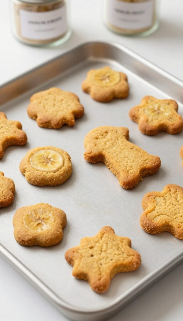 Homemade sweet potato and banana soft cookies for dogs, arranged on a baking tray, showcasing their golden-brown color and soft texture in natural light.