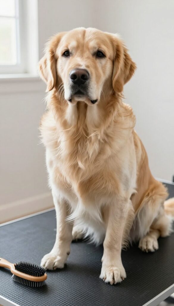 A Golden Retriever being groomed at home in a bright, clean environment with natural light, showcasing routine care and healthy coat maintenance.