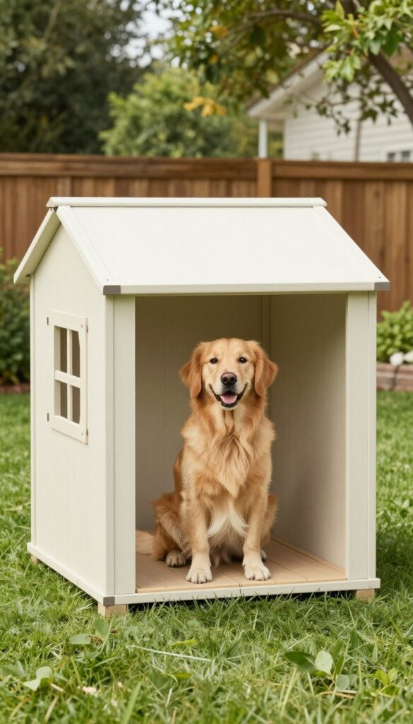 Portable dog house with detachable porch in backyard, golden retriever sitting on porch