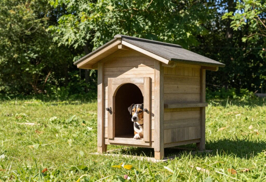 A durable wooden dog house in a sunny backyard with a dog peeking out.