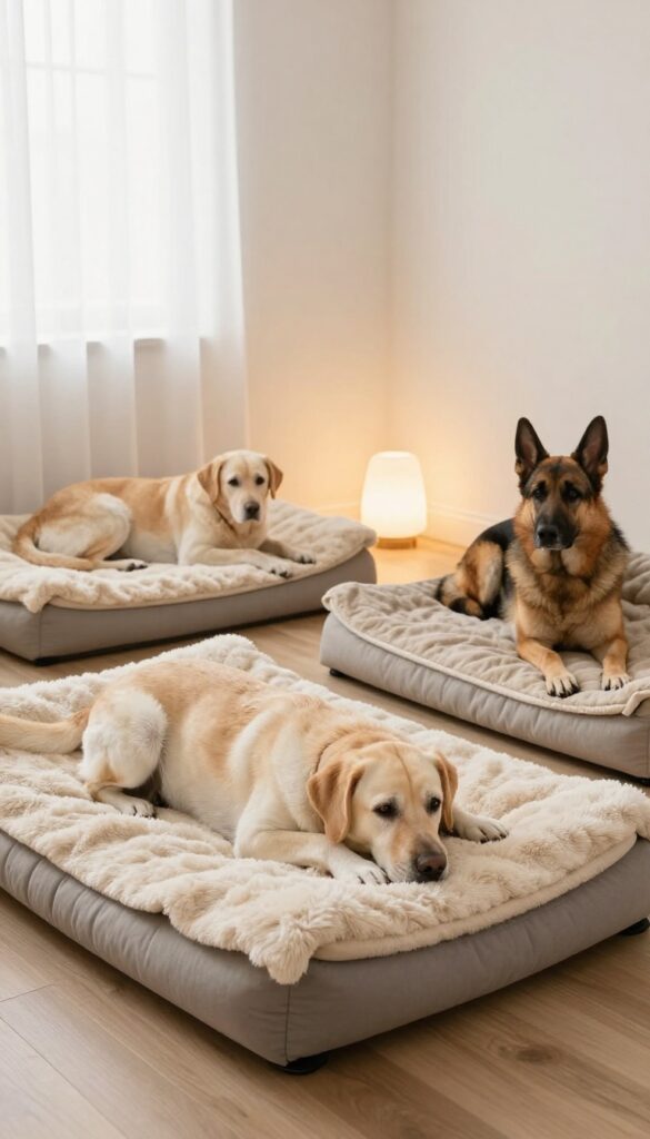 Two senior dogs resting on memory foam beds in a luxury dog house with heated floors