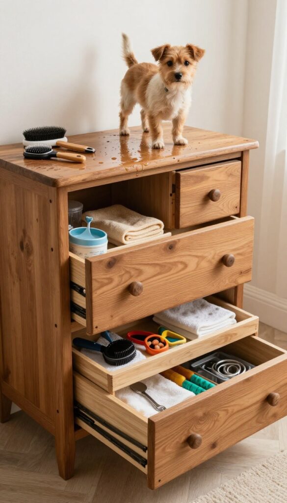 A vintage wooden dresser repurposed as a DIY dog grooming station with organized tools and a dog nearby in a bright, natural-lit room.