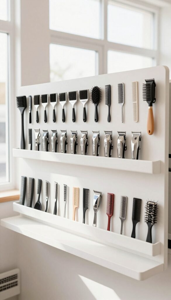 A photorealistic image of breed-specific grooming tools displayed on a wall rack in a bright salon, showing brushes and clippers organized by coat type like smooth and curly.