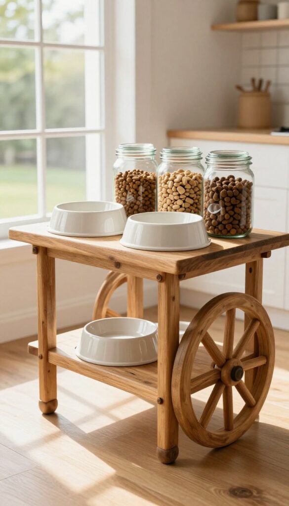 A rustic wooden rolling cart in a sunny kitchen, holding dog bowls and treat jars for easy mealtime mobility.