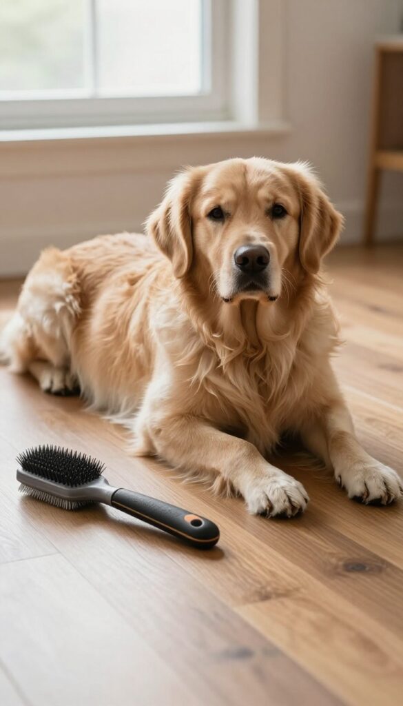 A Golden Retriever with a double coat resting on a wooden floor, with a slicker brush and undercoat rake nearby, illustrating grooming tools for dense undercoats in a bright, natural setting.
