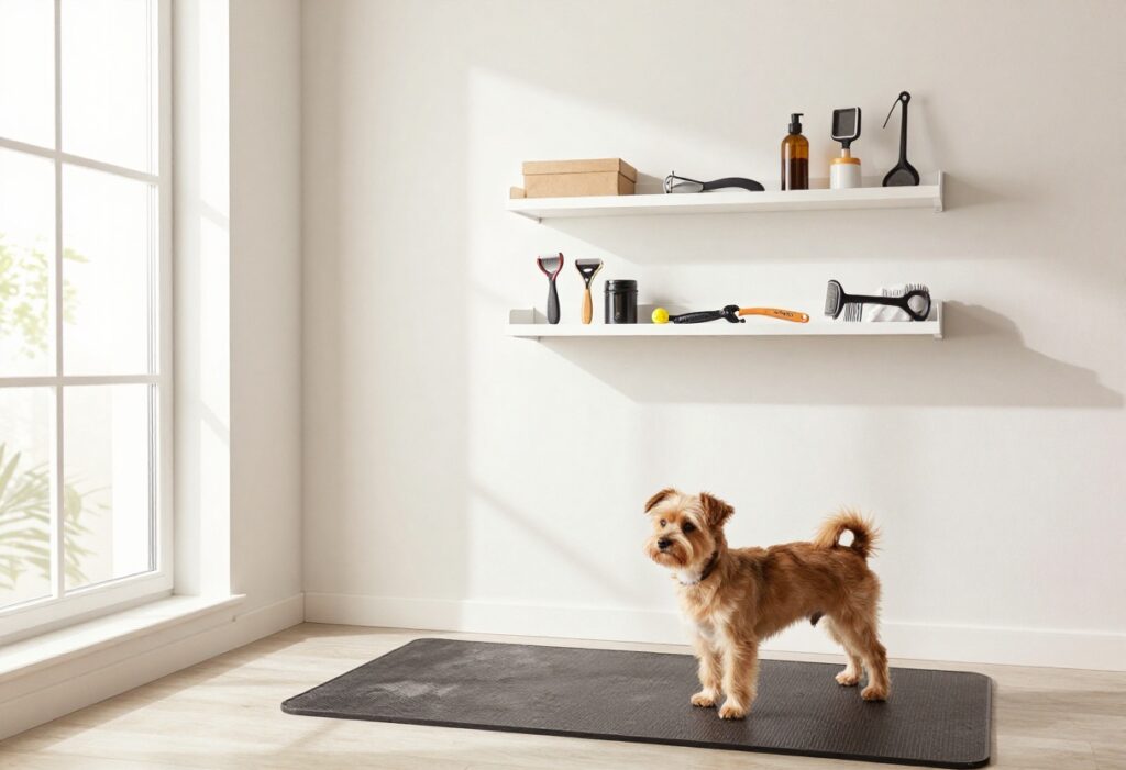 A small dog in a cozy home grooming station with organized supplies and a non-slip mat, showcasing a practical and safe setup for pet care.
