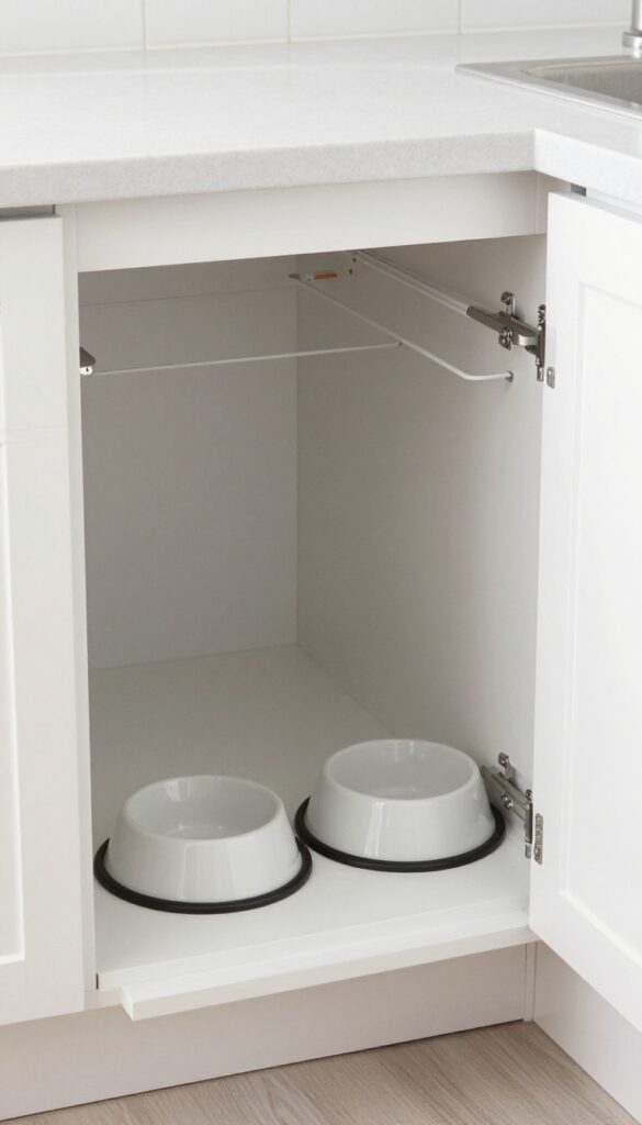A pull-down kitchen cabinet door with integrated dog bowl holders, shown open to reveal a clean feeding spot that tucks away when not in use.