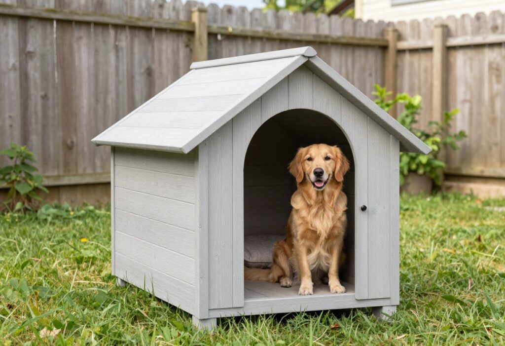 A modern A-frame dog house in a backyard with a golden retriever sitting beside it.