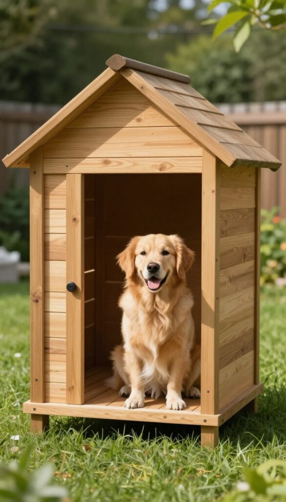 Elevated dog house with airflow design in sunny backyard