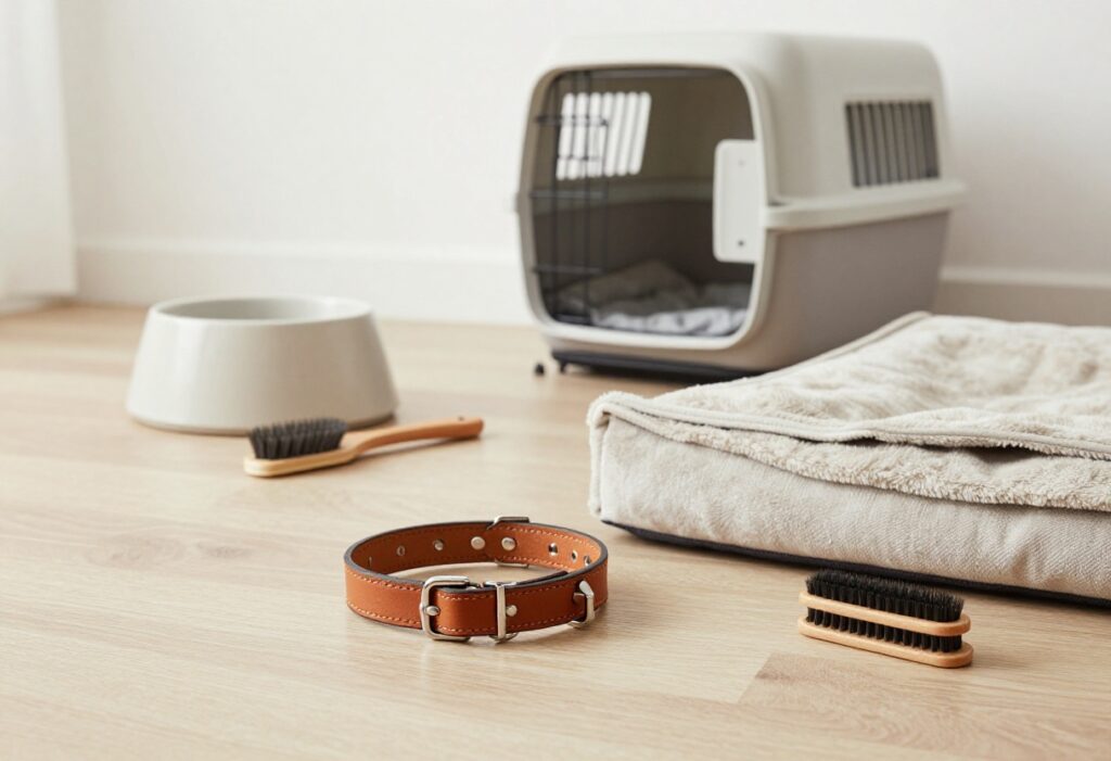 A luxurious dog accessory setup featuring a premium leather collar, plush bed, and modern crate in a bright, natural-lit room, representing high-end pet comfort and care.