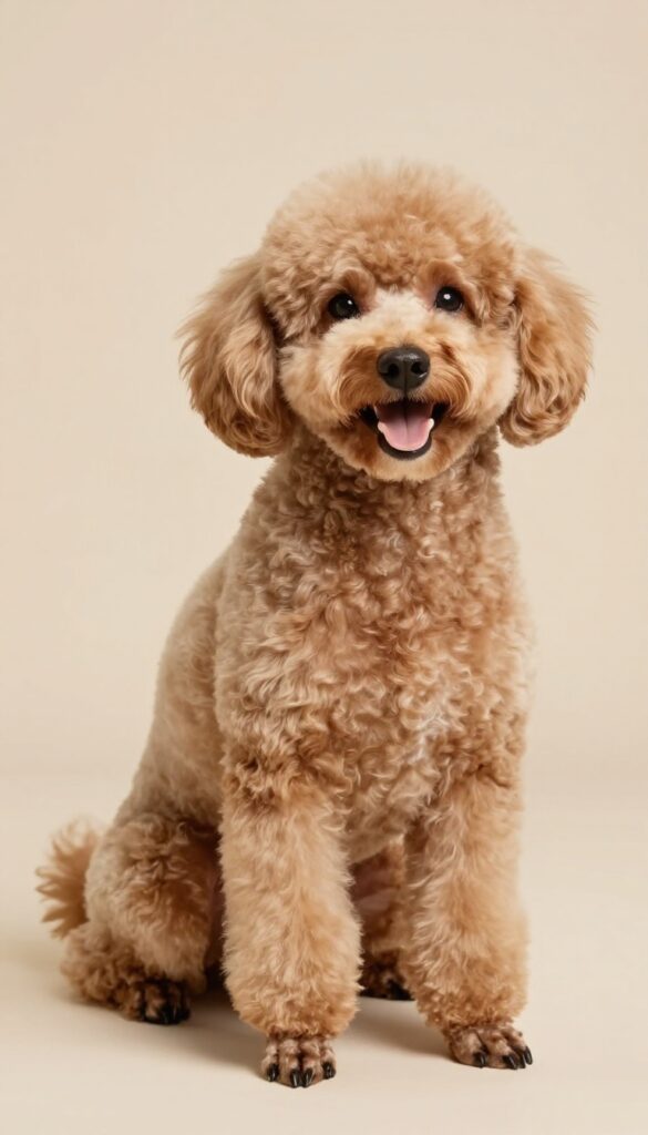 A poodle with a retro grooming cut, featuring short body fur and fluffy leg and tail accents, photographed in natural light for a timeless, chic look.