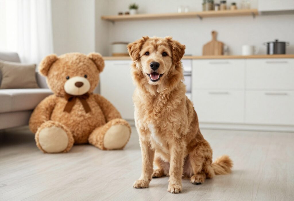 A cheerful dog with a neatly groomed coat, displaying a cute grooming style in a cozy home setting.