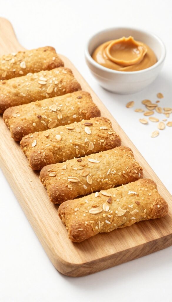 Homemade peanut butter oat crunch dog biscuits on a wooden cutting board with a bowl of peanut butter, showcasing a crunchy texture for dogs.