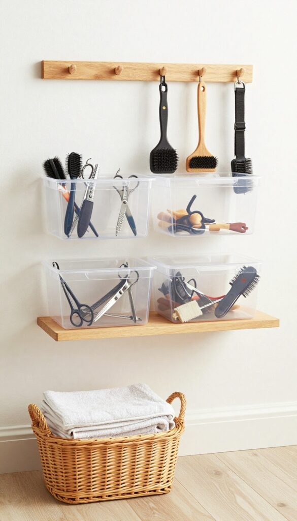 An organized grooming station for long-haired dogs with clear bins storing tools and wall racks holding brushes, showcasing storage solutions in bright natural light.