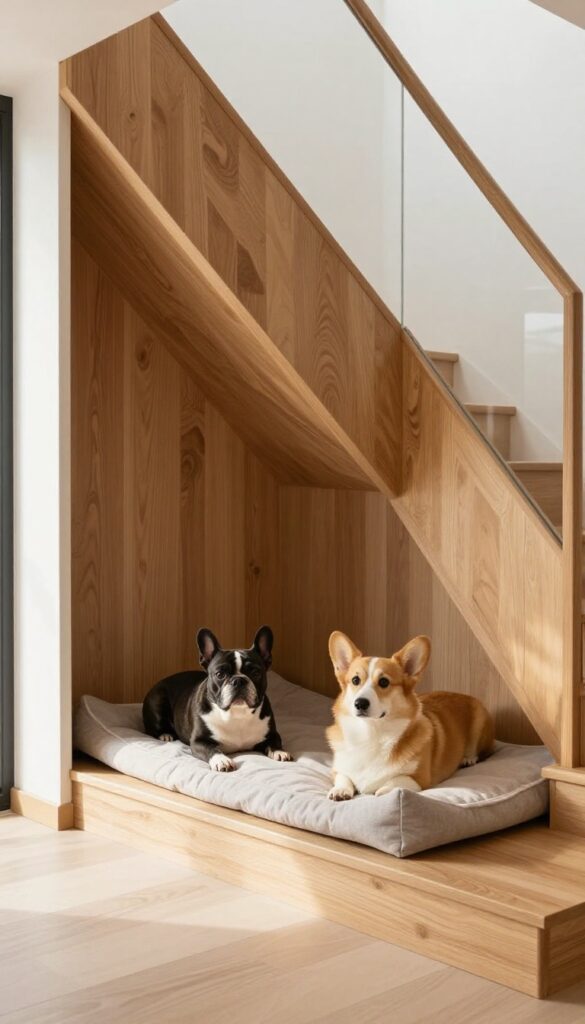 Two dogs resting together in a custom built-in dog house under stairs, cozy indoor nook with natural light