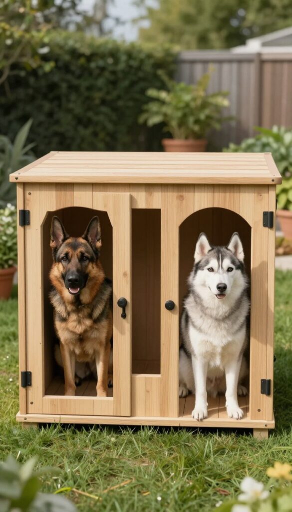 Multi-dog modular dog house with two dogs in separate compartments in a sunny backyard